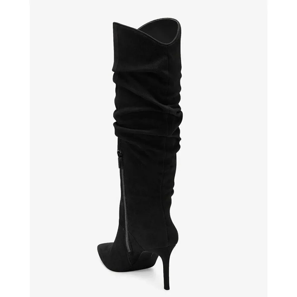 🆕Womens Faux Suede Black Knee High Almond Toe Side Zipper Stiletto Heel Booties